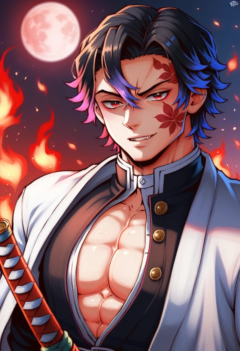 Ultra detailed, highres, absurdres, HDR, master piece, male demon slayer, black medium length hair, expressive red eyes, white sleeveless cloak with flame designs along the bottom, black demon slayer uniform, Kimetsu No Yaiba, handsome, sexy man, solo, best quality, black and red katana with flame patterns, extremely detailed face and eyes, fire coming from katana, red moon