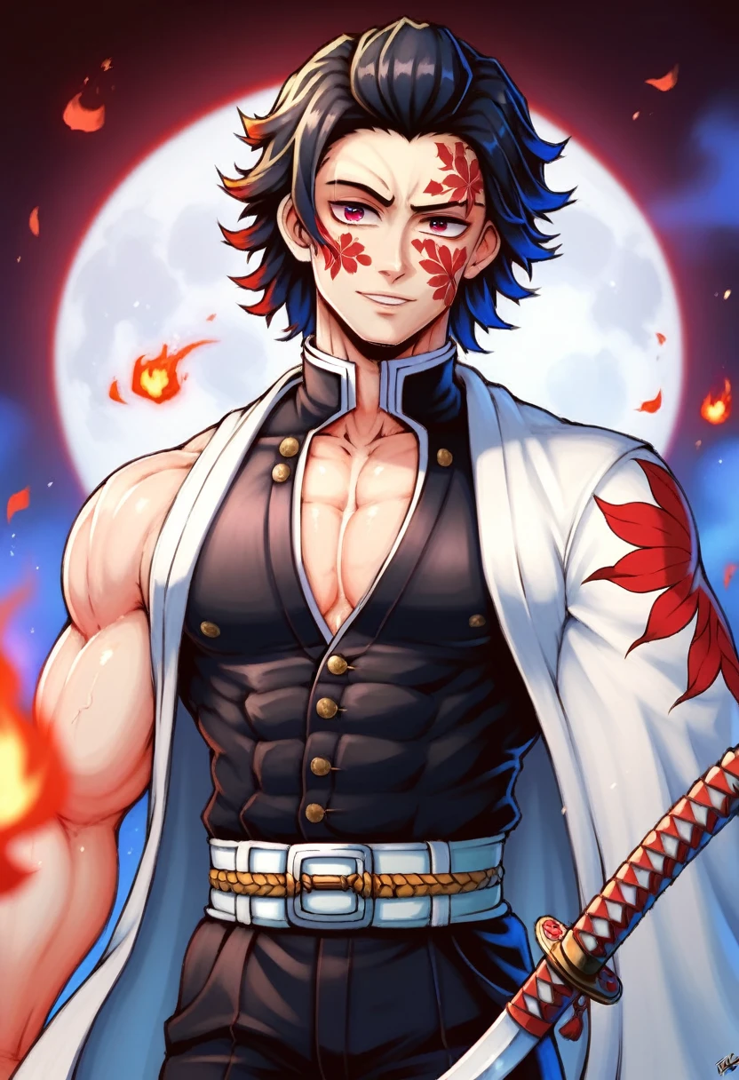 Ultra detailed, highres, absurdres, HDR, master piece, male demon slayer, black medium length hair, expressive red eyes, white sleeveless cloak with flame designs along the bottom, black demon slayer uniform, Kimetsu No Yaiba, handsome, sexy man, solo, best quality, black and red katana with flame patterns, extremely detailed face and eyes, fire coming from katana, red moon