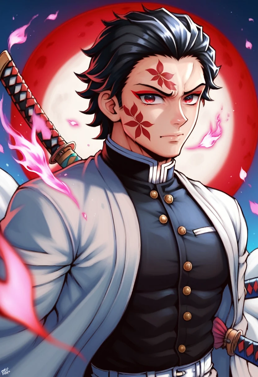 Ultra detailed, highres, absurdres, HDR, master piece, male demon slayer, black medium length hair, expressive red eyes, white sleeveless cloak with flame designs along the bottom, black demon slayer uniform, Kimetsu No Yaiba, handsome, sexy man, solo, best quality, black and red katana with flame patterns, extremely detailed face and eyes, fire coming from katana, red moon