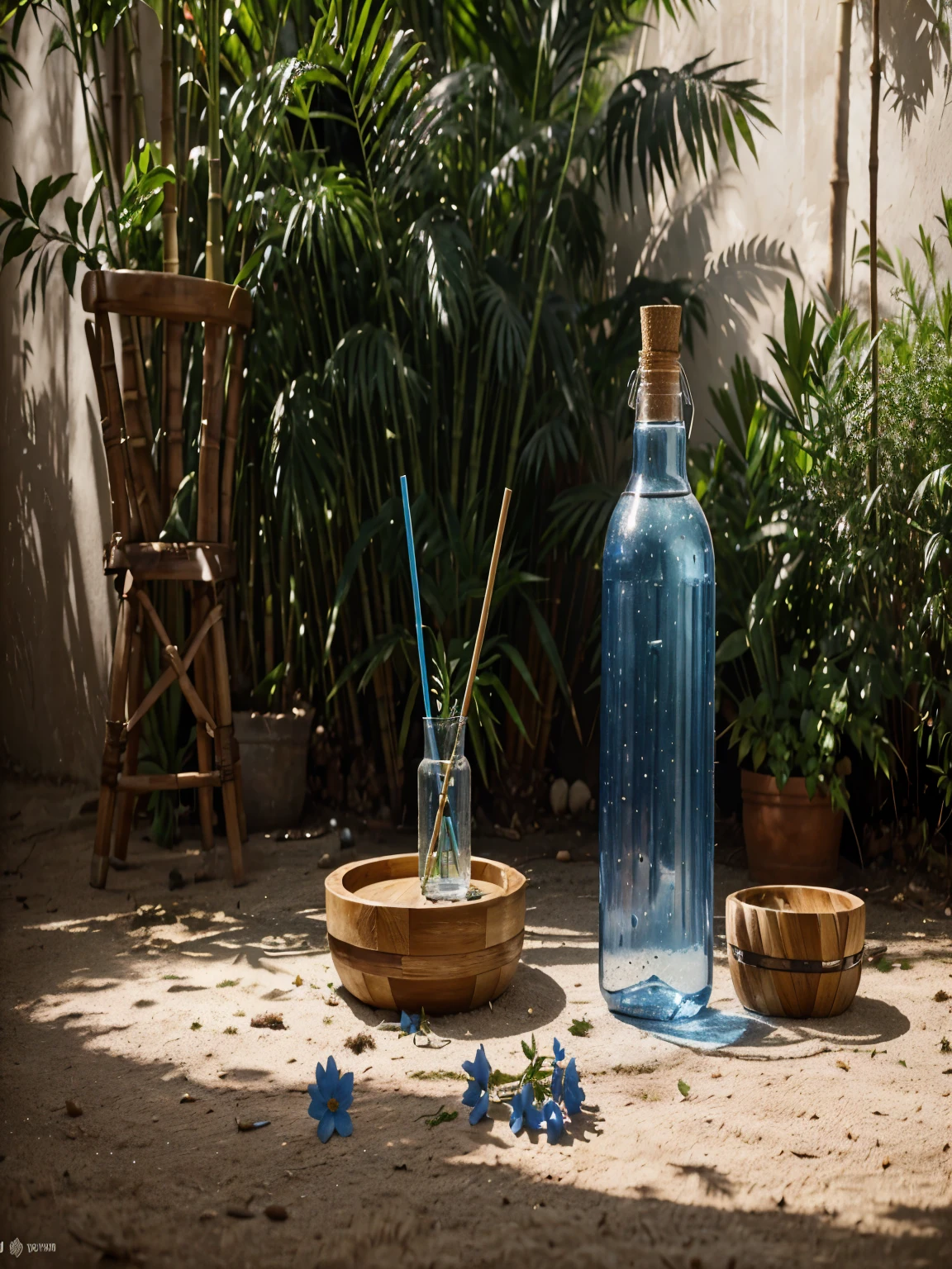 Use the same bottles, just make a few changes, change the color of the bottle to transparent, fill it with water, the same as the glass, remember that the bamboo straw must be integrated in one piece with the lid of the same, that the bottle has a slight curve as if it were a hip, make it completely transparent, and a little wider, do not forget to add the bamboo straw to the lid of the bottle.
Below is part of the above prompt:
Adjust the lighting, make everything seem to be in the same place at the same time, hyper realistic, with lighting coming from the left side.