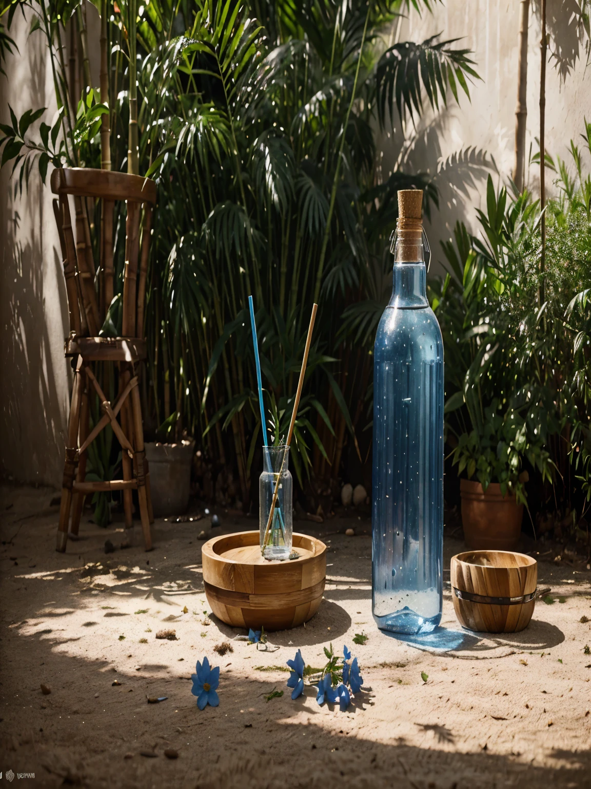 Use the same bottles, just make a few changes, change the color of the bottle to transparent, fill it with water, the same as the glass, remember that the bamboo straw must be integrated in one piece with the lid of the same, that the bottle has a slight curve as if it were a hip, make it completely transparent, and a little wider, do not forget to add the bamboo straw to the lid of the bottle.
Below is part of the above prompt:
Adjust the lighting, make everything seem to be in the same place at the same time, hyper realistic, with lighting coming from the left side.