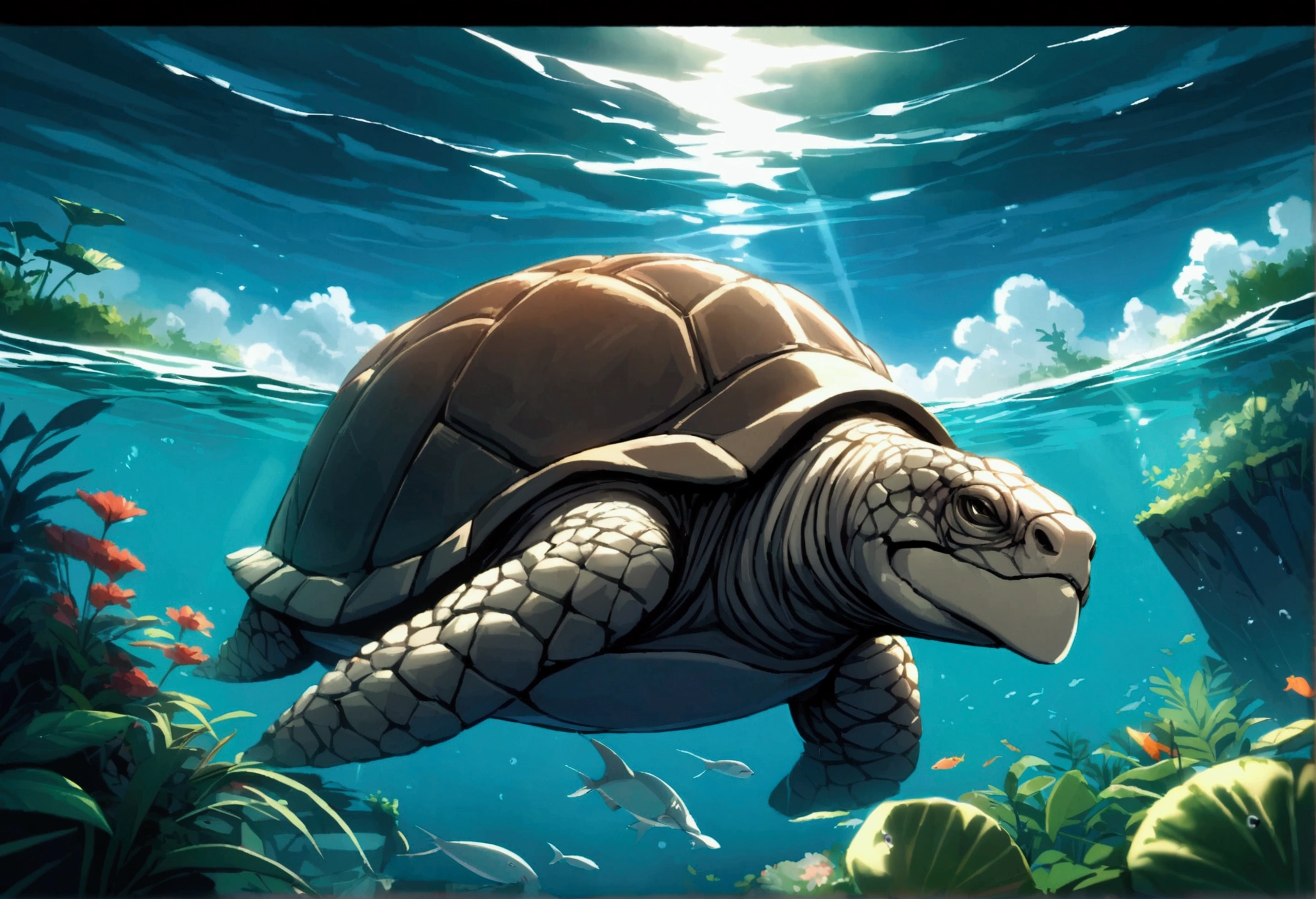 A monstrously huge tortoise is swimming near the top of the ocean, its shell is above water and covered in lush vegetation. A tiny cruise ship passes close by
