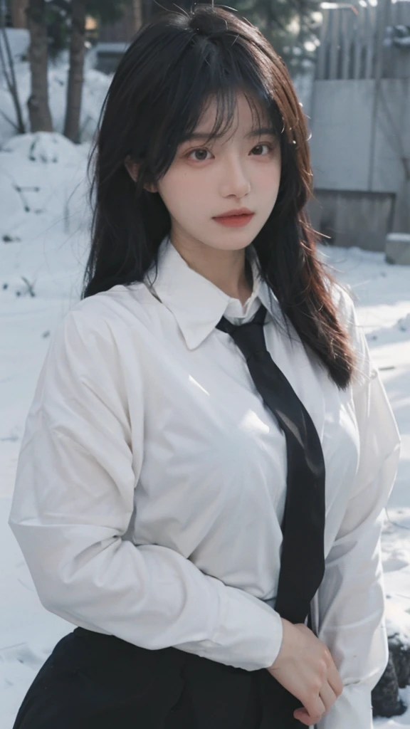 Best quality,masterpiece,Ultra-high resolution,snow,16K,Snow background,(Photo Realism:1.4),1 Girl,JK,Sexy,(Shirt and Tie:1.2),(Big breasts:2.3),(Upper body:1.4)
