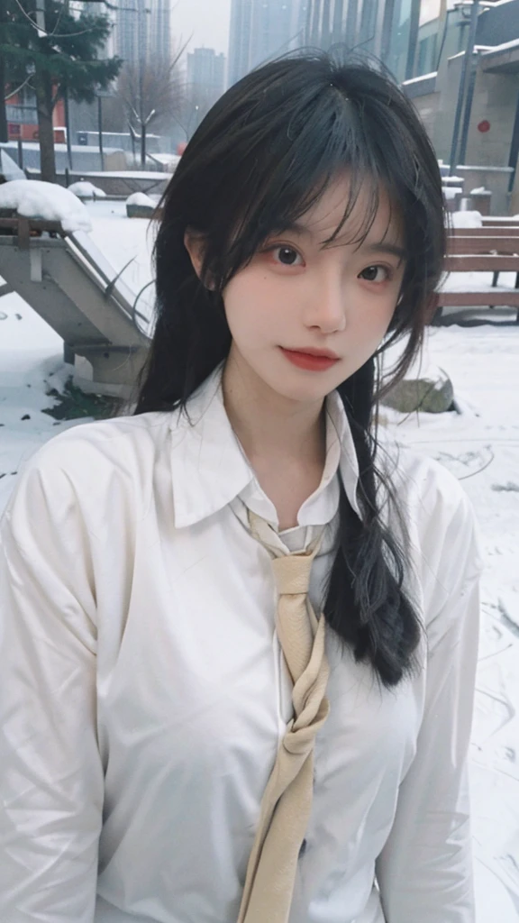 Best quality，masterpiece，Ultra-high resolution，snow，16K,Snow background，（Photo Realism：1.4),1 Girl，JK，Sexy，（Shirt and Tie：1.2),（Big breasts：2.3),（Upper body：1.4)