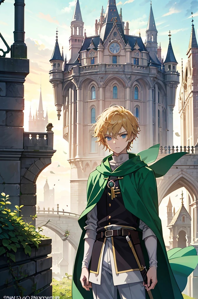 a closeup of a person standing on a ledge with a castle in the background, dry, tall anime boy with blue eyes, young blond, , Fancy, thief, male blonde ranger, beautiful androgynous prince, anime key art, kvothe of Name of the wind, male anime character, handsome boy in Demon Slayer art, with a green cape