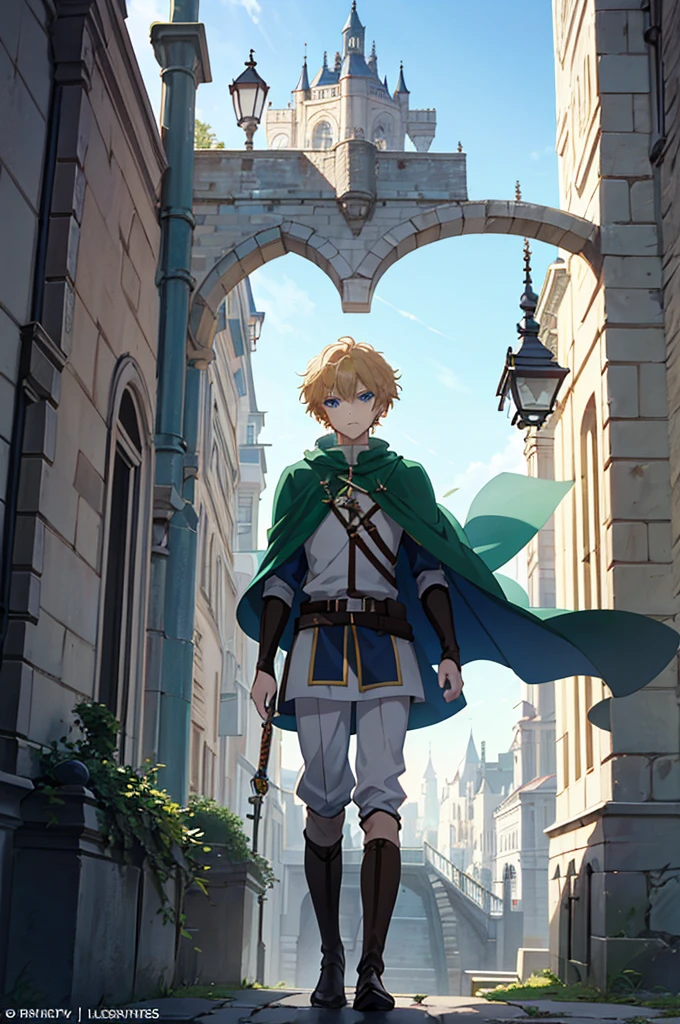 a closeup of a person standing on a ledge with a castle in the background, dry, tall anime boy with blue eyes, young blond, , Fancy, thief, male blonde ranger, beautiful androgynous prince, anime key art, kvothe of Name of the wind, male anime character, handsome boy in Demon Slayer art, with a green cape
