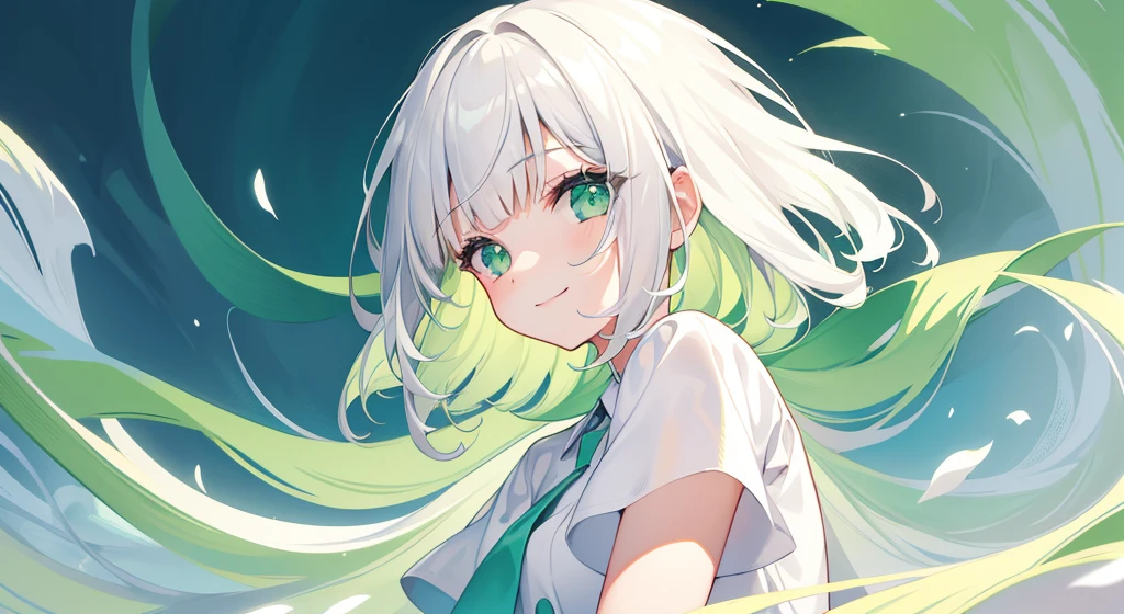 Blunt bangs, Tabletop, Highest quality, Best illustrations, Very detailed, alone, 1 girl, View your viewers, upright, Arms at your sides, Beautiful attention to detail, Concept Art, White Background, Simple Background, Gray Hair, Green Gradient Hair, Short sleeve, water colored pencils, gentlemen,smile,
