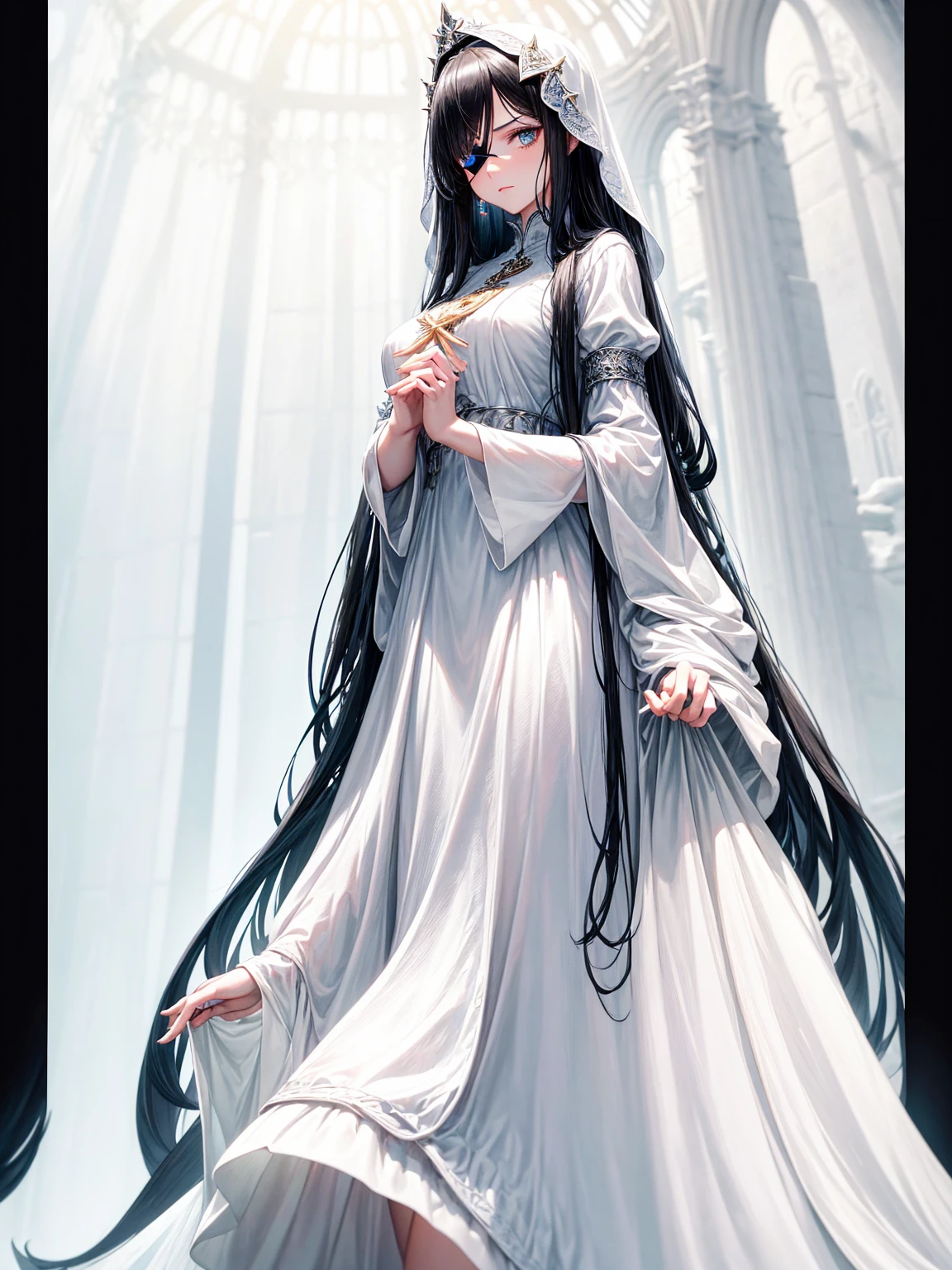 a young dark fantasy church priestess, with long black hair and white streaks, wearing an eyepatch on one eye, and her blueish green eyes, she cares a serious expression on her face and an angel like appearance, she wears elegant yet simple and modest black outfit, with some silver jewelry, she also wears a long see through veil on her head, with a faded sliver star shaped halo at the behind her head, she is holding her hands together symbolizing a prayer gesture.Long Hair, Black Hair, Blue eyes, mysterious, Hood, Halo, Anatomically Correct, Best Quality, Accurate, High Resolution, Looking at viewer, back view