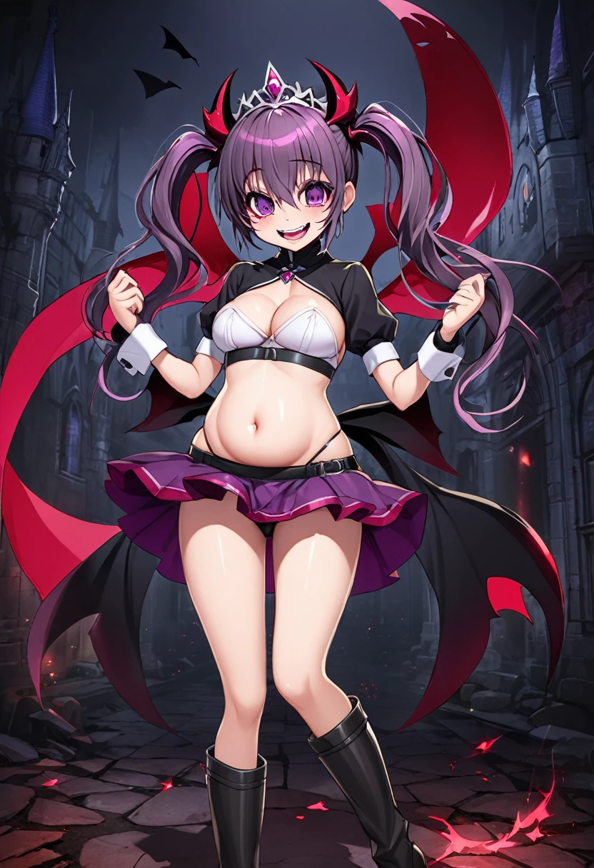 Cure Happy, Twin tails, Devil Wing Hair Ornament, skirt, tiara, Wrist cuff, Dark purple shorts, shorts under skirt, boots, , Hollow Eyes, Half-closed eyes, Wicked Smile, Crazy Smile, Open your mouth, One girl, Dark Magical Girl,Evil Fallen Magical Girl,Highest quality,Skimpy,sexy,Sexy,Fall into Darkness,Villain,Costume with a visible belly ,(((C Cup))),Detailed Background,Dark atmosphere