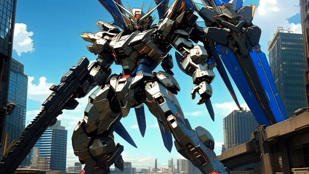 best quality, masterpiece, highly detailed, ultra-detailed,(blue sky:1.1), cloud, holding_weapon, a (((mecha))) with sleek and menacing design, (mecha armor:1.5),glowing ,heroic parts, mechanical parts, (long legs:1.5),robot joints,(huge shield:1.2),(battle-ready:1.2),(powerful stance:1.3),(Detailed eye description:1.2),(huge mechanical weapon:1.3),(detailed armor description:1.2),(detailed shield description:1.2),(detailed weapon description:1.2),(huge mechanical gun:1.2),(holding gun and weapon :1.3) BREAK building, glowing_eyes, science_fiction, city, realistic,