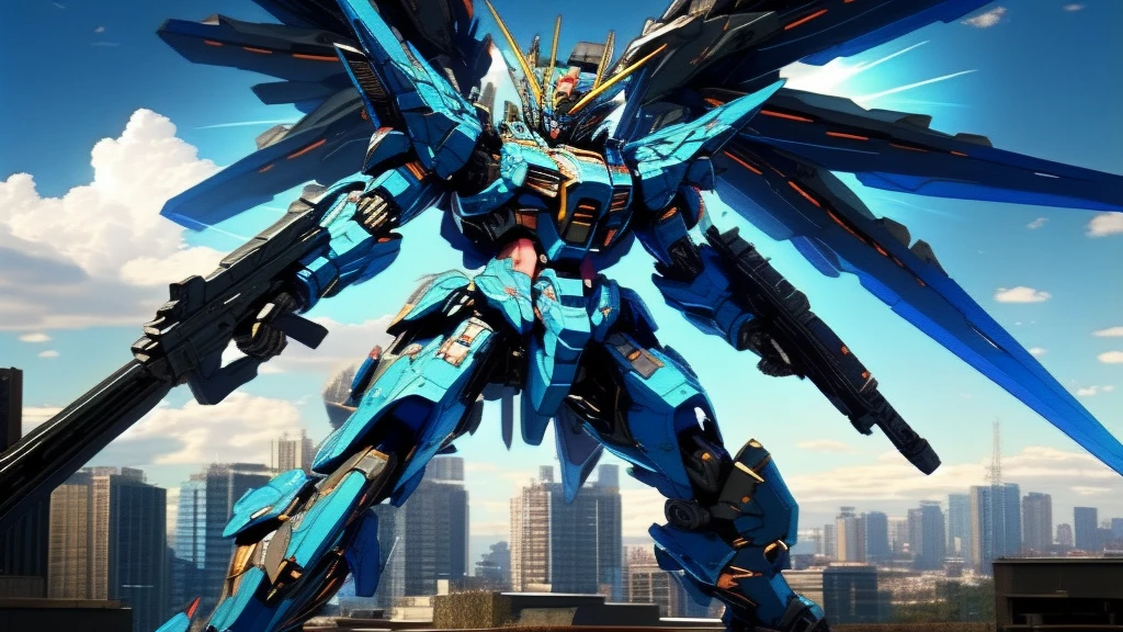 best quality, masterpiece, highly detailed, ultra-detailed,(blue sky:1.1), cloud, holding_weapon, a (((mecha))) with sleek and menacing design, (mecha armor:1.5),glowing ,heroic parts, mechanical parts, (long legs:1.5),robot joints,(huge shield:1.2),(battle-ready:1.2),(powerful stance:1.3),(Detailed eye description:1.2),(huge mechanical weapon:1.3),(detailed armor description:1.2),(detailed shield description:1.2),(detailed weapon description:1.2),(huge mechanical gun:1.2),(holding gun and weapon :1.3) BREAK building, glowing_eyes, science_fiction, city, realistic,