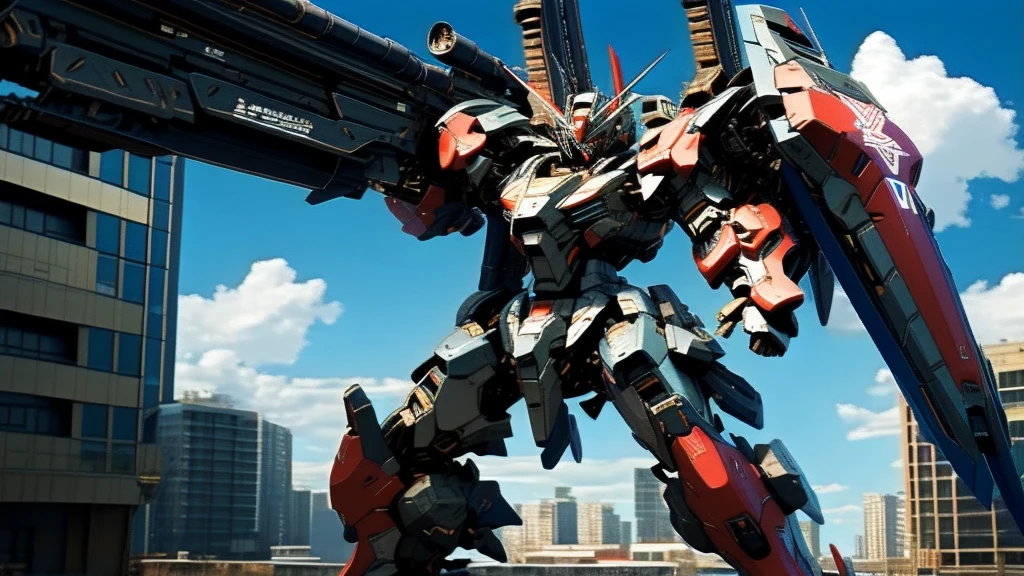 best quality, masterpiece, highly detailed, ultra-detailed,(blue sky:1.1), cloud, holding_weapon, a (((mecha))) with sleek and menacing design, (mecha armor:1.5),glowing ,heroic parts, mechanical parts, (long legs:1.5),robot joints,(huge shield:1.2),(battle-ready:1.2),(powerful stance:1.3),(Detailed eye description:1.2),(huge mechanical weapon:1.3),(detailed armor description:1.2),(detailed shield description:1.2),(detailed weapon description:1.2),(huge mechanical gun:1.2),(holding gun and weapon :1.3) BREAK building, glowing_eyes, science_fiction, city, realistic,