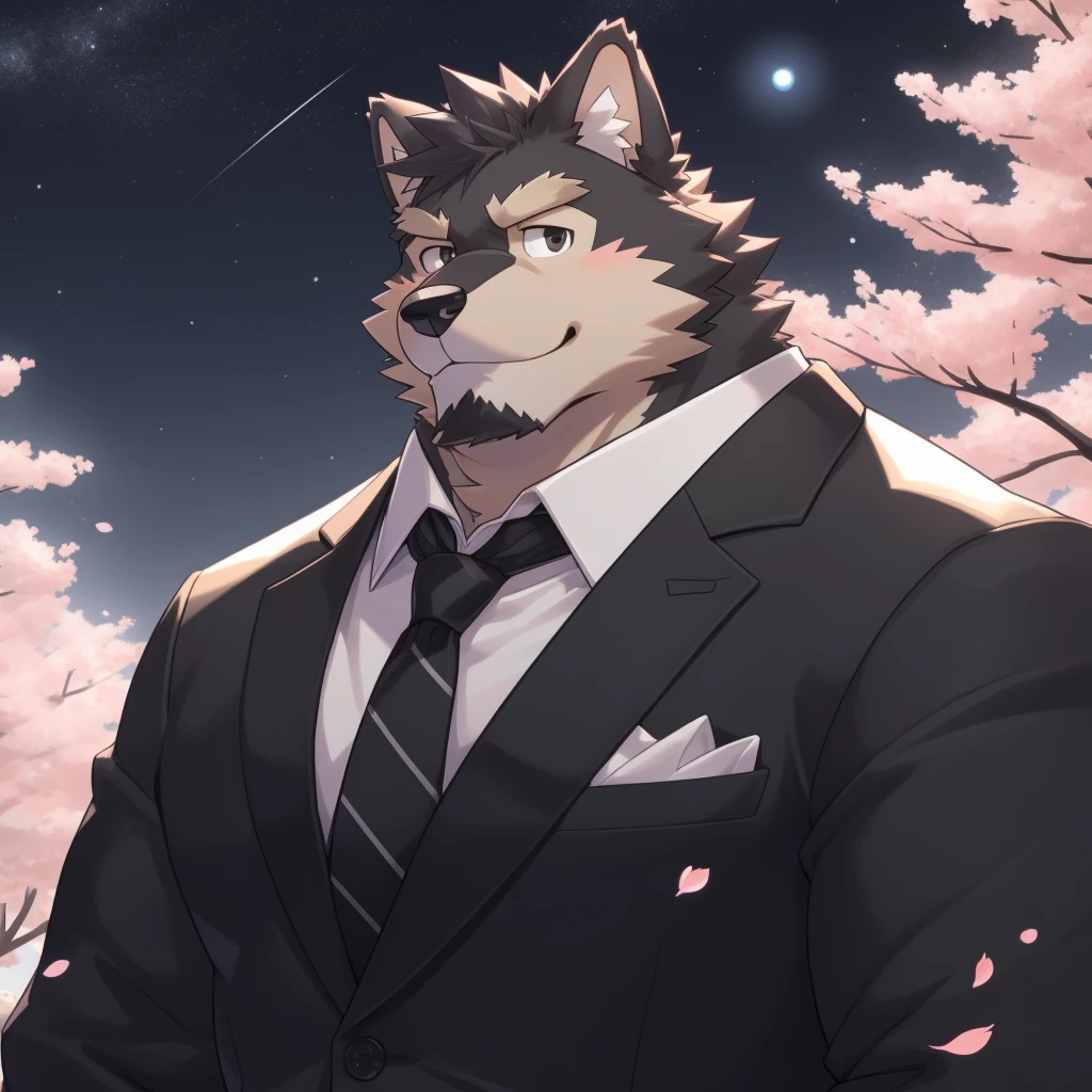 Scribble 德国牧羊dog face,Humanity(dog),(Formal wear:1.3),Muscular,(Brown eyebrows:1.1),(Close one eye:1.2),(Perfect black eyes),Cherry blossoms,Black fur,Night Sky,(artist:Takemoto Arashi)