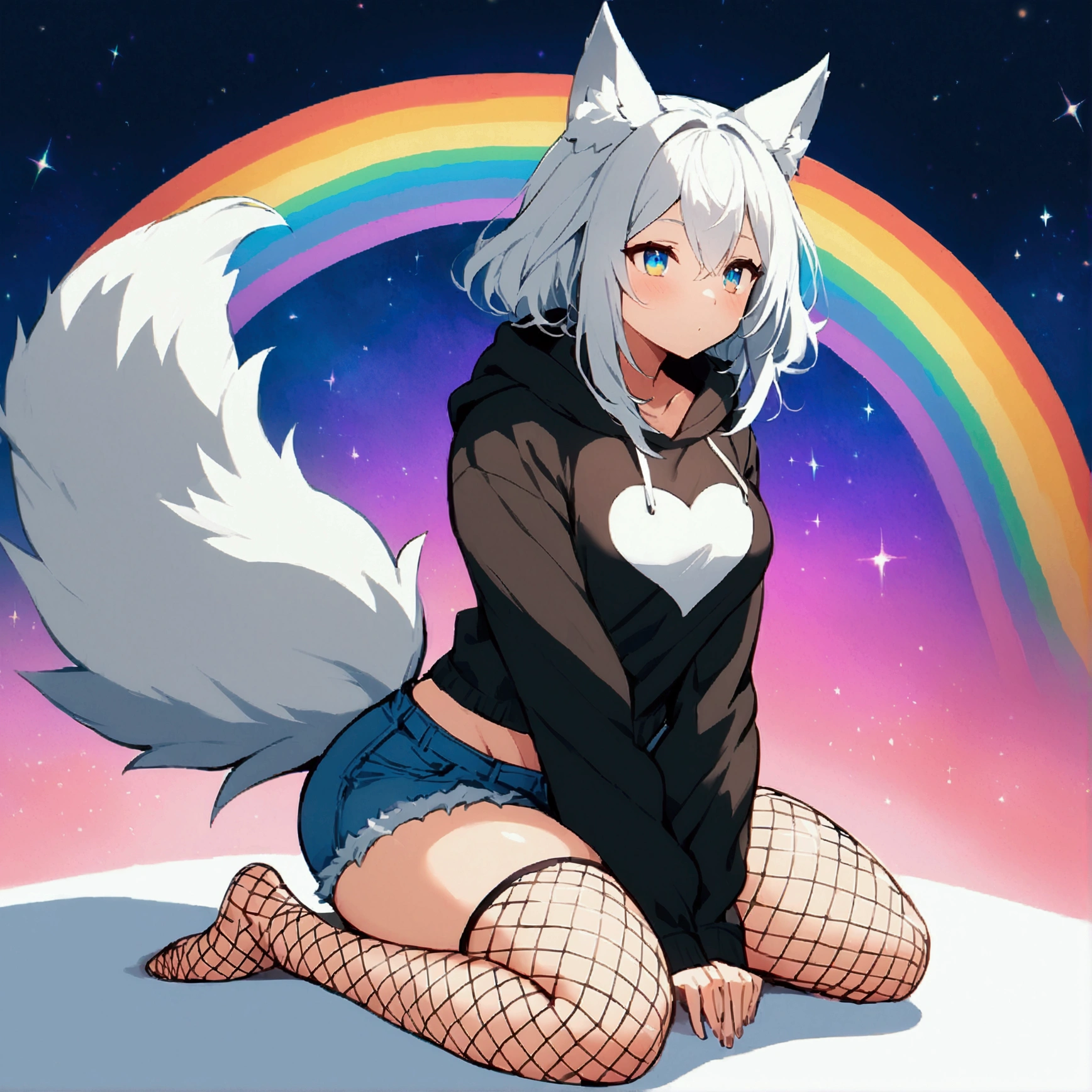 a cute adult male with wolf ears, long white hair, long locks, has a wolf tail, wearing a loose cropped black hoodie, wearing a pair of denim short shorts and fishnet stockings, thick thighs, wide hips, relaxing on mound of fluffy multi colored plushies, short, very slim, showing slender tummy, heart on hoodie, squishy thighs, has glowing blue eyes. alone, solo (ALONE)(SOLO), surrounded by rainbows, colorful galaxy backround, on knees stretching out