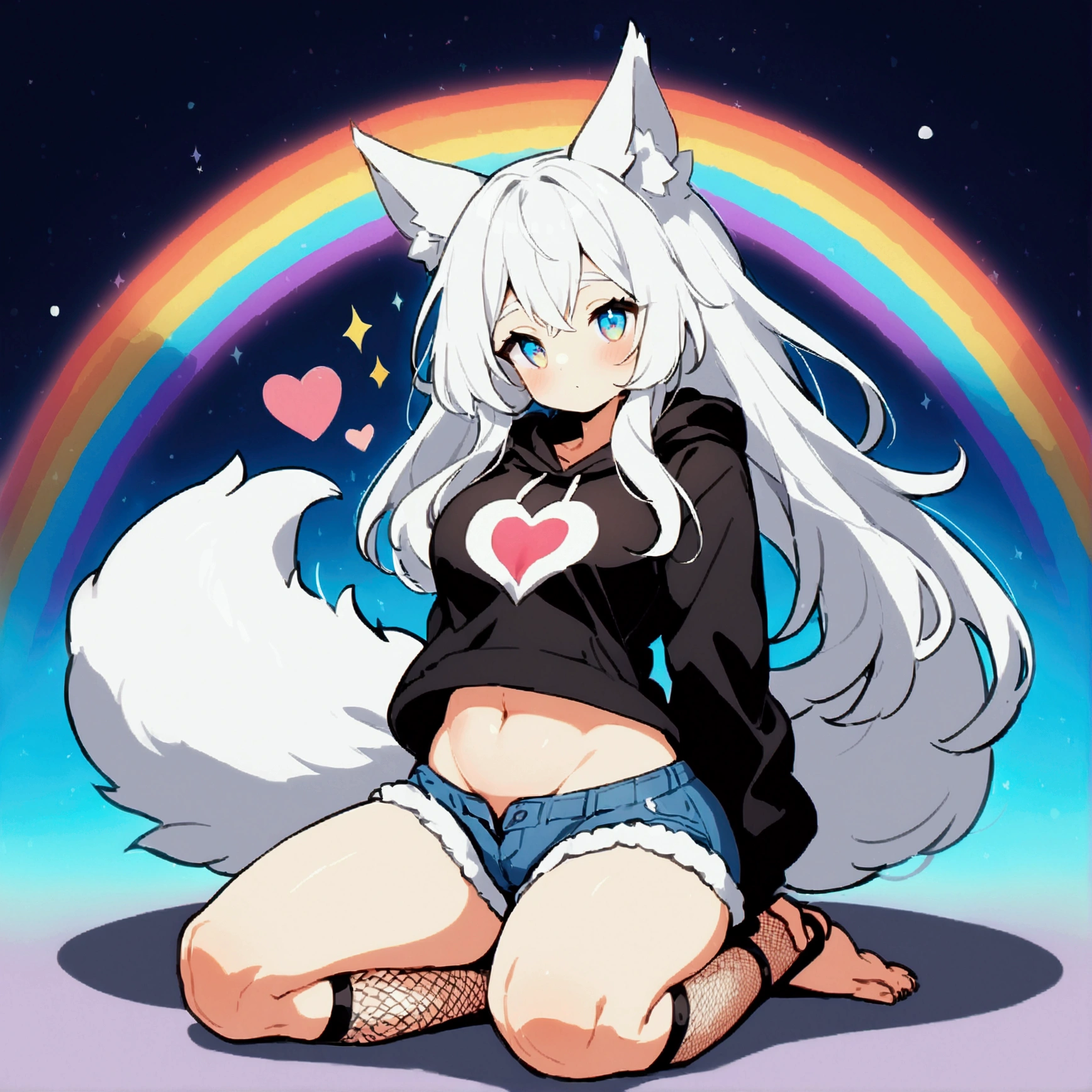 a cute adult male with wolf ears, long white hair, long locks, has a wolf tail, wearing a loose cropped black hoodie, wearing a pair of denim short shorts and fishnet stockings, thick thighs, wide hips, relaxing on mound of fluffy multi colored plushies, short, very slim, showing slender tummy, heart on hoodie, squishy thighs, has glowing blue eyes. alone, solo (ALONE)(SOLO), surrounded by rainbows, colorful galaxy backround, on knees stretching out