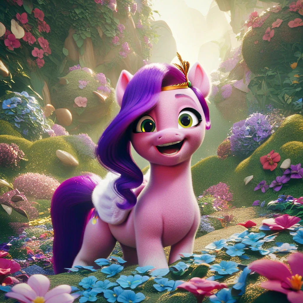 Pipp petals of My little pony. Pipp is surprised with a strange face while she was watering some flowers. 