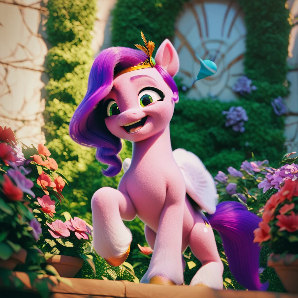 Pipp petals of My little pony. Pipp is surprised with a strange face while she was watering some flowers. 
