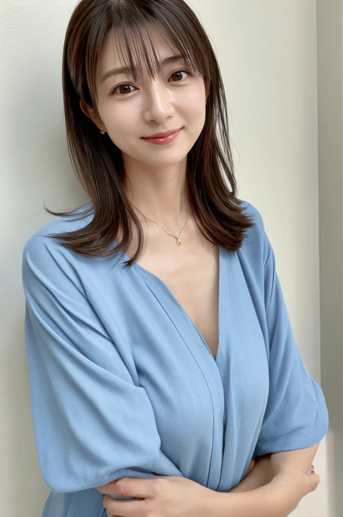 ((Highest quality)), ((masterpiece)), (detailed),Perfect Face,Japanese,Fair skin,Upper Body,Long Hair,Office Lady,Women's Ana Style,smile,Cleavage,blouse,Mature Woman
