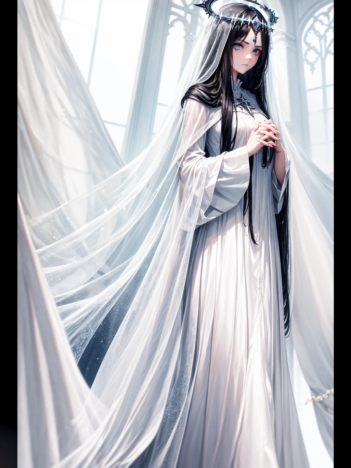 a young dark fantasy church priestess, with long black hair and white streaks, wearing an eyepatch on one eye, and her blueish green eyes, she cares a serious expression on her face and an angel like appearance, she wears elegant yet simple and modest black outfit, with some silver jewelry, she also wears a long see through veil on her head, with a faded sliver star shaped halo at the behind her head, she is holding her hands together symbolizing a prayer gesture.Long Hair, Black Hair, Blue eyes, mysterious, Hood, Halo, Anatomically Correct, Best Quality, Accurate, High Resolution, Looking at viewer, back view