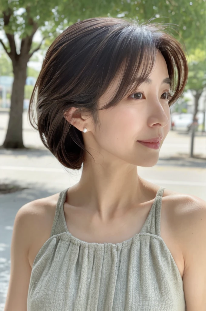 Top quality, 1 beautiful woman, super short Hair, Giddy Smile, wearing Shirt,Profile