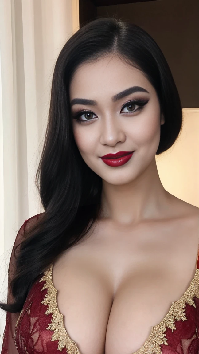 instagram photo, closeup face photo of 23 y.o Chloe in kebaya, Red Lipstick, sensual Lipstick, Sensational Make Up, cleavage, pale skin, (smile:0.4), hard shadows, black G-STRING, bright lighting