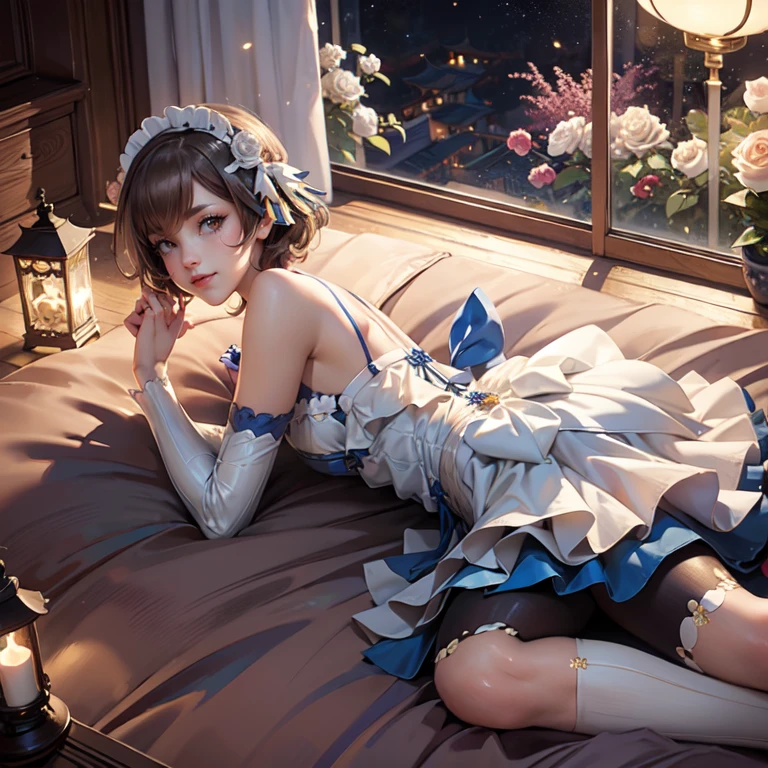 1girl, white roses, ornament hair, roses on her hair, maid, maid dress, maid headdress, maid apron, light brown hair, short hair, laying down on the bed, bedroom scene, Chinese maid dress, gold lantern, blue dress, more details on her clothes, golden details, night, smiling, coat, chinese style, solo, alone, crystal, curtains, full moon on the sky, laces, frills, sparkles, fireflies, laying down on the bed, chinese architecture on the background, white roses on the floor, bedroom scenery, solo, 1 girl