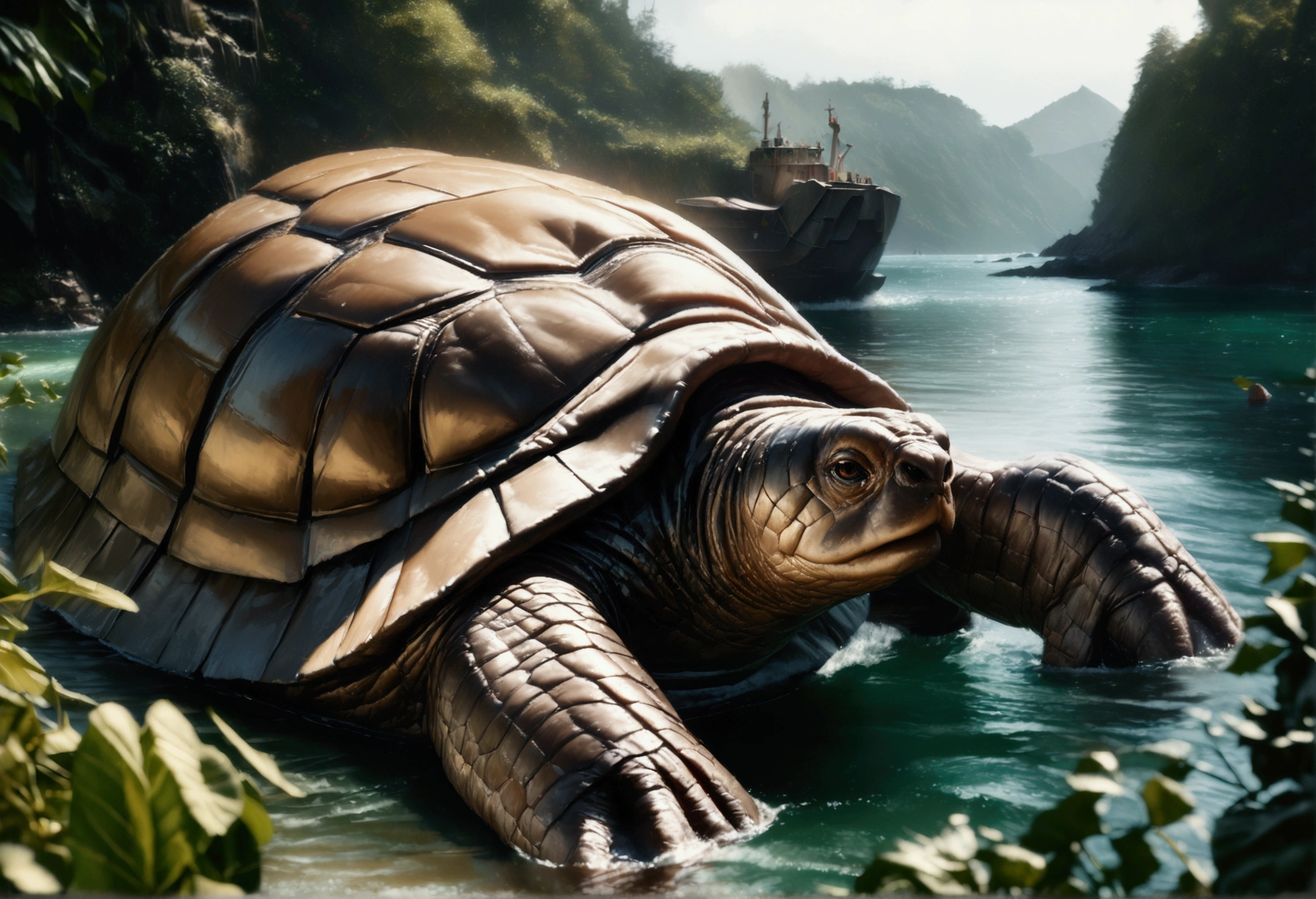 a monstrously huge tortoise,swimming in the ocean,its shell above water,covered in lush vegetation,a tiny cruise ship passing nearby,(best quality,4k,8k,highres,masterpiece:1.2),ultra-detailed,(realistic,photorealistic,photo-realistic:1.37),HDR,UHD,studio lighting,extremely detailed,vivid colors,realistic ocean,dramatic lighting,cinematic composition