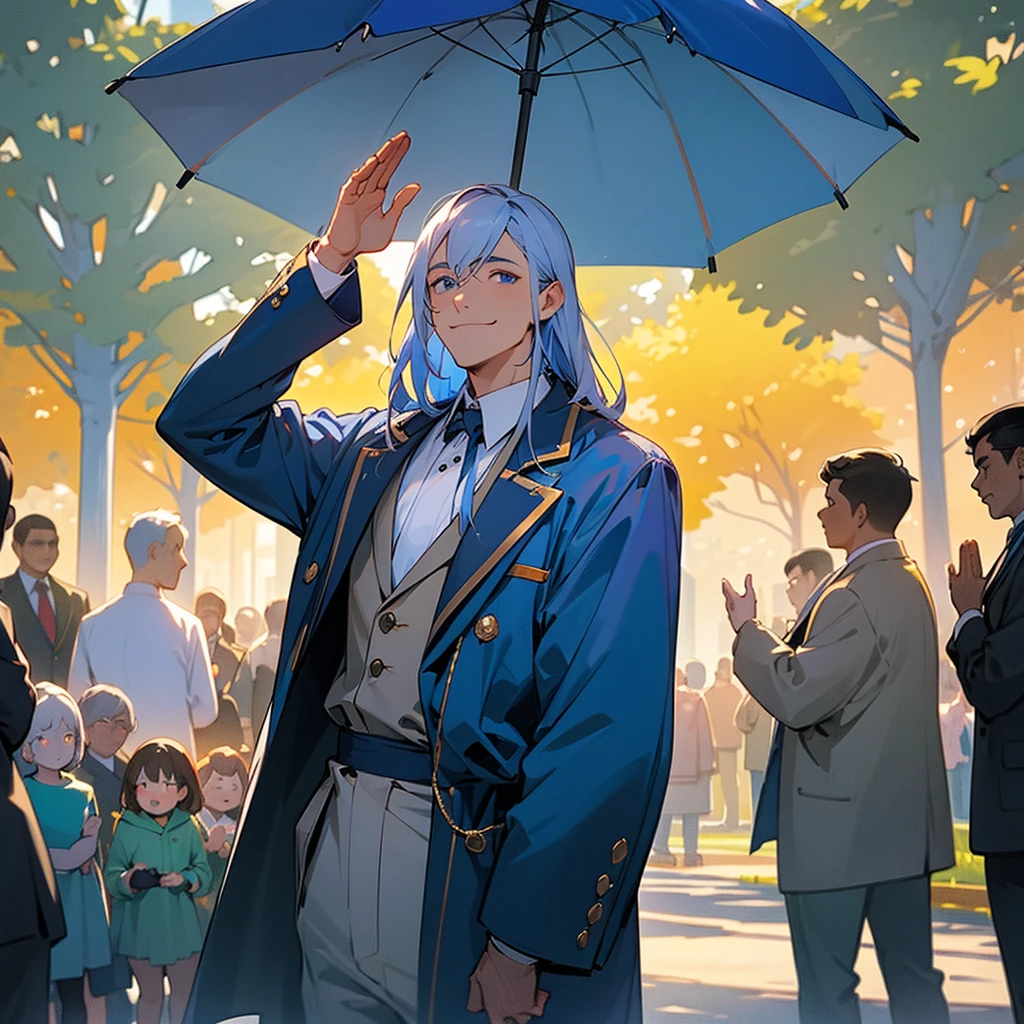 A scene of a friendly man wearing a blue consul outfit, surrounded by people who admire and respect him. He stands in the center, exuding warmth and approachability, with a welcoming smile on his face. The background features a community event in a cozy park, with families and friends gathered together. People of different ages and backgrounds are around him, some engaging in conversations, others offering small tokens of appreciation, and a few children giving him high-fives, showcasing their admiration and affection for his supportive and kind nature.