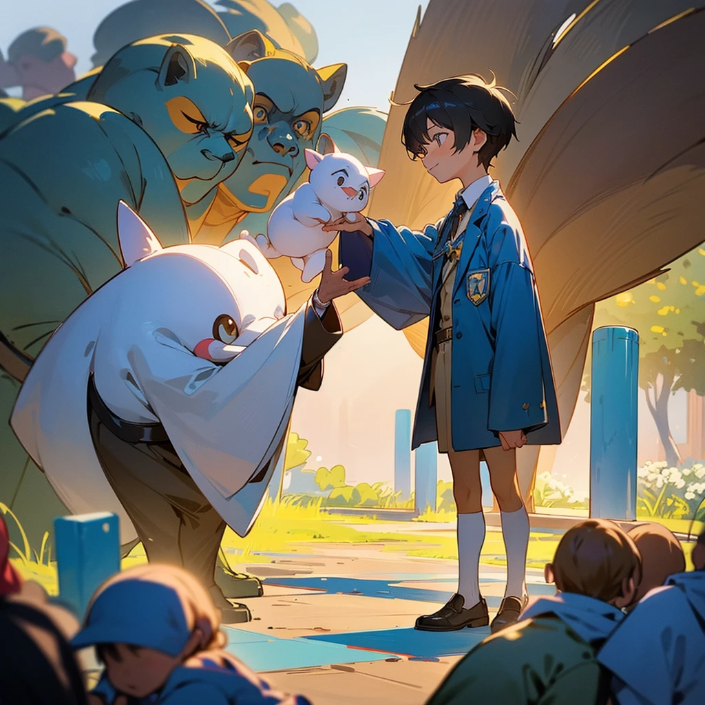 A scene of a friendly man wearing a blue consul outfit, surrounded by people who admire and respect him. He stands in the center, exuding warmth and approachability, with a welcoming smile on his face. The background features a community event in a cozy park, with families and friends gathered together. People of different ages and backgrounds are around him, some engaging in conversations, others offering small tokens of appreciation, and a few children giving him high-fives, showcasing their admiration and affection for his supportive and kind nature.