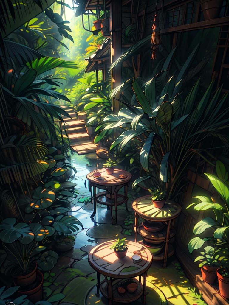 super wide perspective, an indoor view of beautiful indo kitchen, forest visible from window, ghibli anime scene, pots with tropical leafy plants, sunrays falling on table, utensils, dense jungle, shadows, cinematic color tones, subtle light, vibrant color tones, ghibli style, no humans, scenery, masterpiece, high resolution