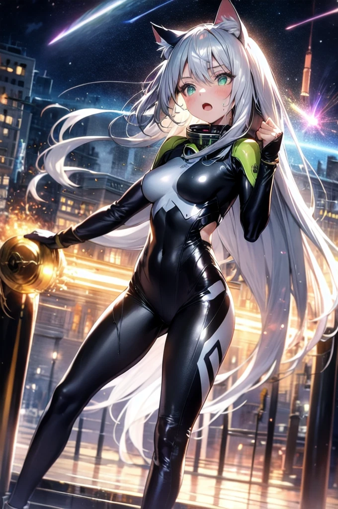 A silver-haired beautiful girl with cat ears eyes are green hair is silver and long clothes: a form-fitting black combat suit The fist is an afterimage The background is a city at night her is in a cat-like fighting pose The year is 14 years monitor, Dark Night, Sweat, Steam of Exhalation, Space, Battle, Dynamic Angle　one girl