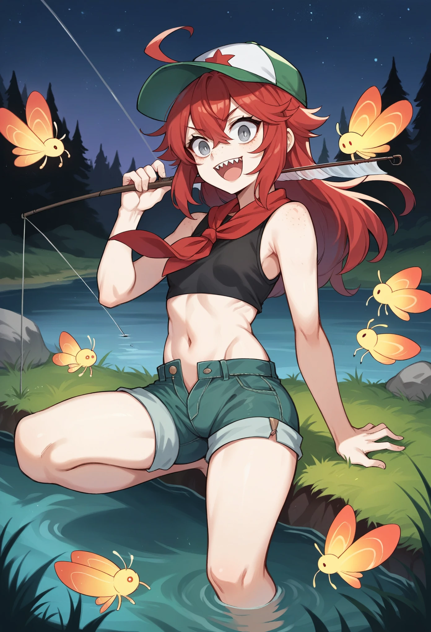 best quality, masterpiece, super high resolution, perfect anatomy, 1girl, red hair, long hair, hair between eyes, long bangs, double-parted_bangs, spiky hair, ahoge, silver eyes, eyes_visible_through_hair, small breasts, sharp teeth, freckles, wide eyed, pale skin, 23 years old, sleeveless top, black top, crop top, Denim shorts, green shorts, red neckerchief, baseball cap, incredibly absurdres, river, fishing pole, fishing, dock, outdoors, trees, grass, rocks, night, stars, fireflies,