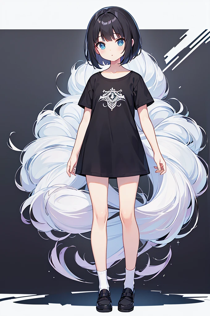 Full body ,dynamic Standing ,(เหมือนจริง:1.37)、1girl, solo, blue eyes, (detailed eyes), flat chest, short hair, black hair, ((black t-shirt)), simple t-shirt, black skirt, black socks, standing, upper body, (white background), Transparent background, looking down, ((masterpiece, illustration, best quality))  , (Full body:1.5), Blank white background, (white background), Transparent background, looking down, ((masterpiece, illustration, best quality)) 