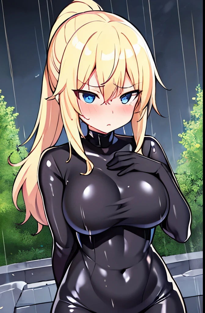 Blonde,ponytail,Black tight suit,blue eyes,Large Breasts,Slender,Serious face,blush,rain,forest,night,Pichi Pichi,clearly,Streaks,1 girl,soaked,