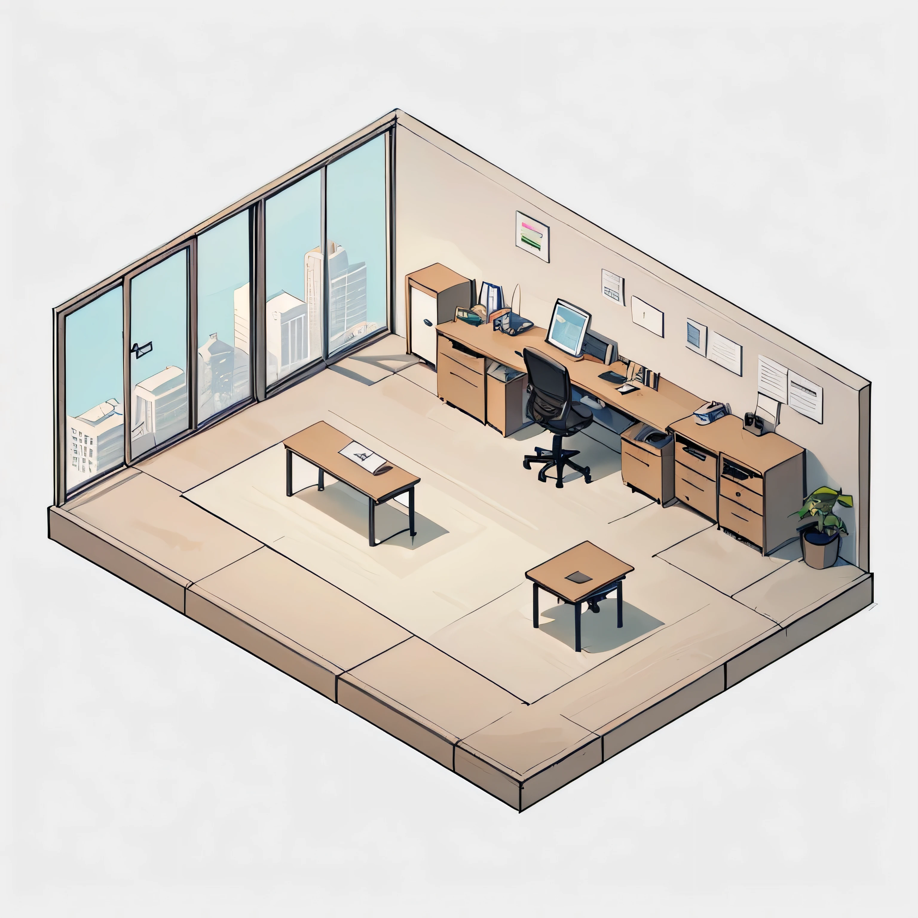 Quality first, Masterpiece in detail, Rich details, Isometric 8k, An Empty Office, There is no furniture in the office, No People, No Chair, Clear and straight line style, Rich in color, Rich light and shadow, comic style