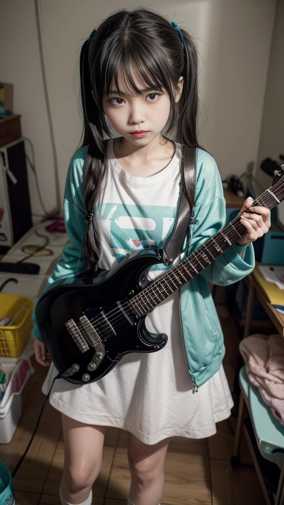 Mouths, Hatune Miku, Alone, in a messy room, guitar,