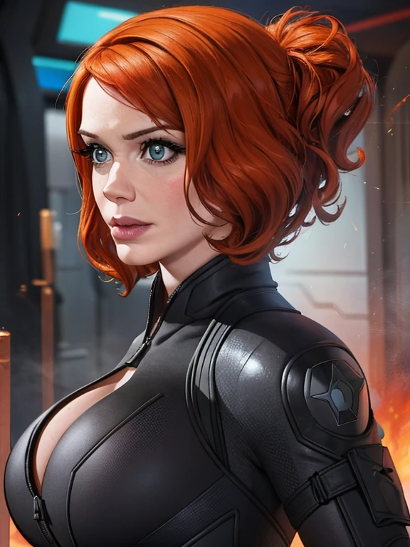 Create a dynamic 4K resolution full body portrait of Christina Hendricks as the character of Black Widow, the fierce Marvel superheroine. Visualize Christina Hendricks as Black Widow with her striking features: her short orange wavy hair. Her bright blue eyes, sharp and focused, should reflect her unwavering determination and strategic mind. She is 48 years old. Include Christina's sculpted cheekbones and slight wrinkles around the face. High-quality facial research of Christina Hendricks. Include Christina Hendricks large breasts. High-quality detailed research of Christina Hendricks voluptuous figure. Dress Christina Hendricks in the iconic Black Widow black tactical suit, with a huge bust the suit, featuring intricate details such as reinforced armor, gun holsters, utility belts, sleek metallic boots and the red hourglass symbol on her belt. The suit is so tight that Christina Hendricks breasts barely fit in it. The suit should appear sleek and functional, emphasizing her agility and combat prowess. Set the scene against the backdrop of a high-tech, futuristic environment, perhaps a S.H.I.E.L.D. headquarters or a cityscape at dusk, with neon lights casting dramatic shadows. Include elements such as holographic displays or glimpses of advanced technology to enhance the modern, action-packed atmosphere. The color palette should be dark and intense, with shades of black and deep reds, contrasted by the cool blues and silvers of the high-tech background, highlighting Black Widow's stealthy and formidable presence. Black Widow's expression should convey a blend of determination, focus, and a hint of vulnerability, capturing her complex character. Her gaze should be piercing and resolute, embodying her role as a master spy and a skilled combatant. This portrait aims to portray Christina Hendricks playing the role as the fictional character of Natasha Romanoff/Black Widow, capturing her iconic features and the high-stakes, action-packed world she inhabits in the M
