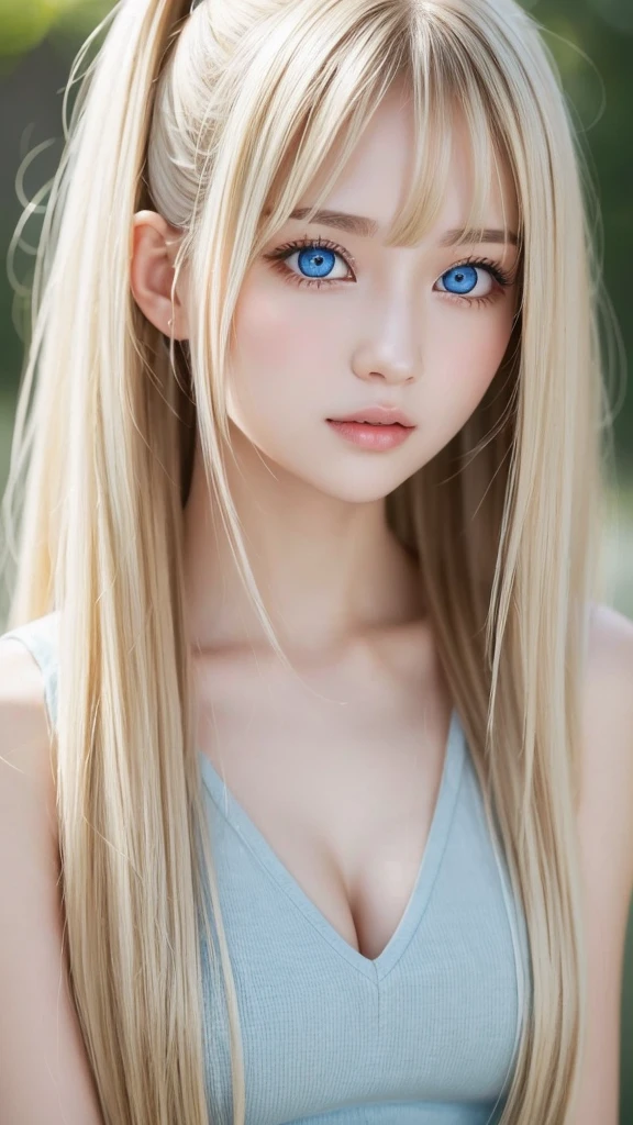 Extraordinary sexy beauty、Beautiful, gentle and bright look、Sexy refreshing appearance、Perfect beautiful cute face、Short ponytail、long bangs between eyes,、Super Long Blonde Straight Hair、Beautiful facial hair、Very cute beautiful sexy young little woman、Very perfect and beautiful beautiful cute face、Big, Beautiful clear pale blue cute eyes,