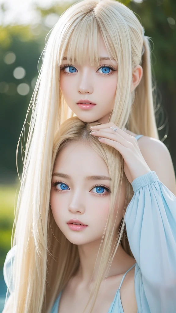 Extraordinary sexy beauty、Beautiful, gentle and bright look、Sexy refreshing appearance、Perfect beautiful cute face、Short ponytail、long bangs between eyes,、Super Long Blonde Straight Hair、Beautiful facial hair、Very cute beautiful sexy young little woman、Very perfect and beautiful beautiful cute face、Big, Beautiful clear pale blue cute eyes,
