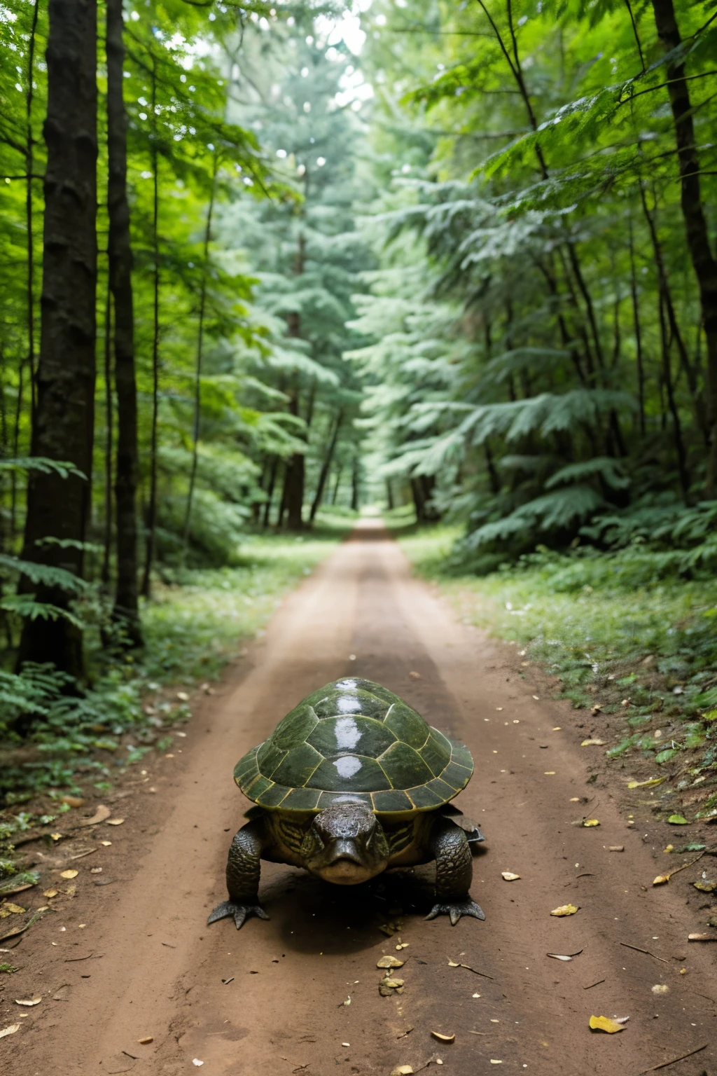 There is a turle walking in the forest