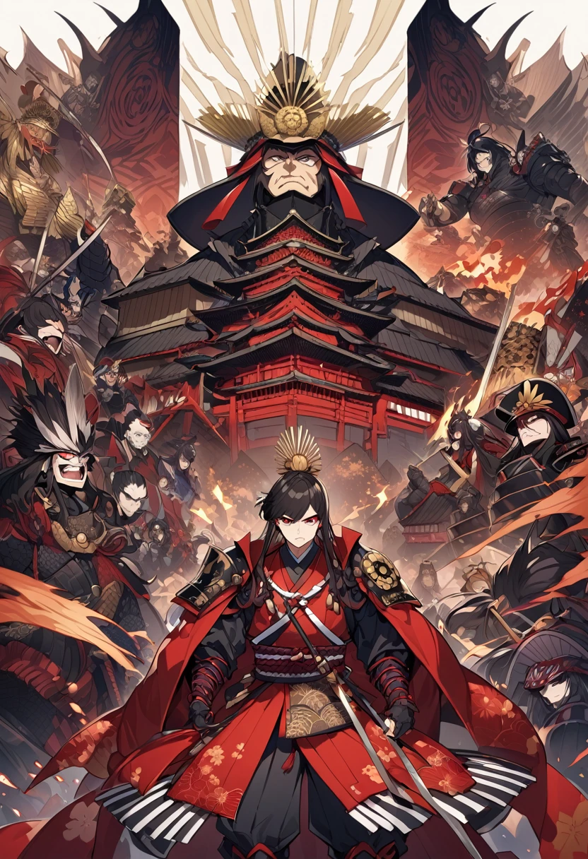Dressed in traditional samurai armor with intricate designs、Famous Japanese historical figures、Detailed images of Oda Nobunaga、He has a topknot and a stern expression.、Has an intimidating presence。The background is a traditional Japanese castle