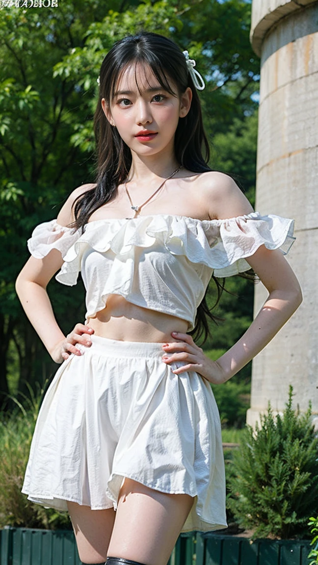 (8k、RAW Photos、Highest quality、masterpiece:1.2)、(Highest quality、Realistic)、1 Girl、((Frills、Tube top、mini skirt、leather、Off the shoulder、Idol Costume、ribbon、See-through、Thin legs、whole body、boots、garden、View from the front、Looking into the camera、Stand with hands on hips))、cute
