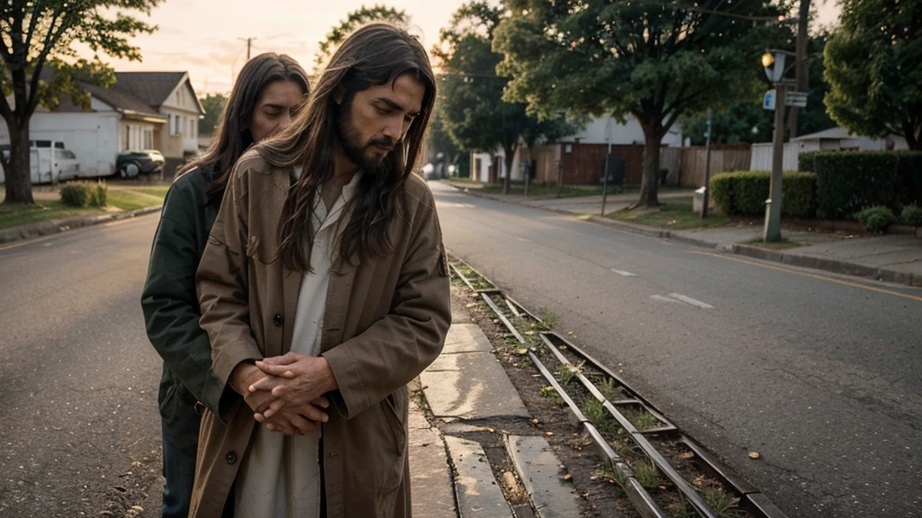 Imagine a moving and deeply human scene where Jesus Christ is portrayed as an ordinary man, demonstrating your love and compassion in a tangible way.
Scenario: The scene takes place in a simple, everyday environment., like a small town street or an open field at sunset. The setting should be warm and inviting, reflecting the tranquility and beauty of God's creation.
Action: Jesus is interacting with a person, maybe an elderly person, a , or someone in need. He is standing in front of this person, with a gesture of closeness and care, as if offering comfort and spiritual guidance.
Facial expression: Jesus' face must reflect a mixture of tenderness and understanding. Your eyes convey a depth of emotion and human connection, while your facial expression exudes a warmth and peace that envelops those around you.
Technical details: The image must capture the humanity of Jesus Christ, with details that highlight your gentle and compassionate presence. Colors and lighting should emphasize the serenity of the moment, creating an atmosphere of harmony and trust.
impacto emocional: The goal is to create a visual representation that resonates deeply with viewers, reminding them of the unconditional love and closeness of Jesus Christ in their daily lives. It should inspire a sense of hope and spiritual renewal, inviting reflection on the transforming presence of Jesus.