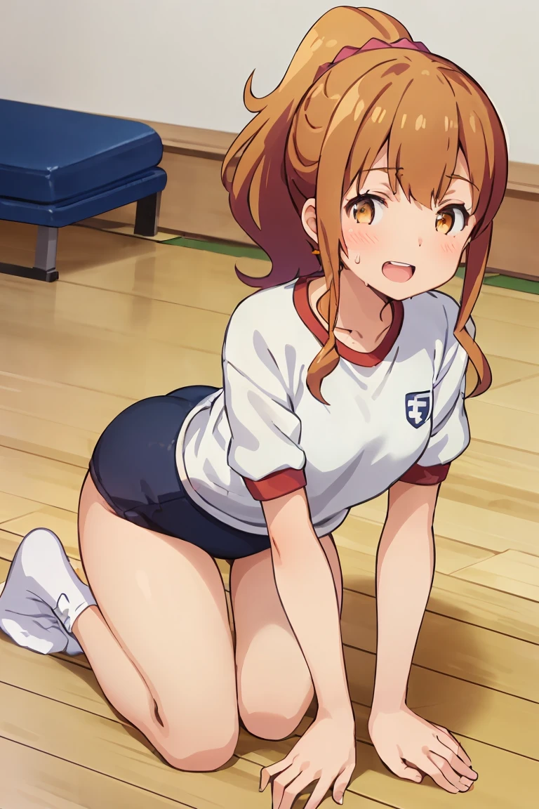 Highest quality, (masterpiece:1.2), Very detailed,

Megumi Kamino,
1 girl, Looking at the audience, Open your mouth, smile, teeth,
Brown Hair, ponytail, Brown eyes, Scrunchie, Heart Necklace,Long white socks,
,(((Black Bloomers, School, Gym Shirt, White T-shirt, Gym suit, Photo of girl in wooden floor School gym room))),Bloomers are bikini type ,Dynamic Angle ,Sweat,Lie in 