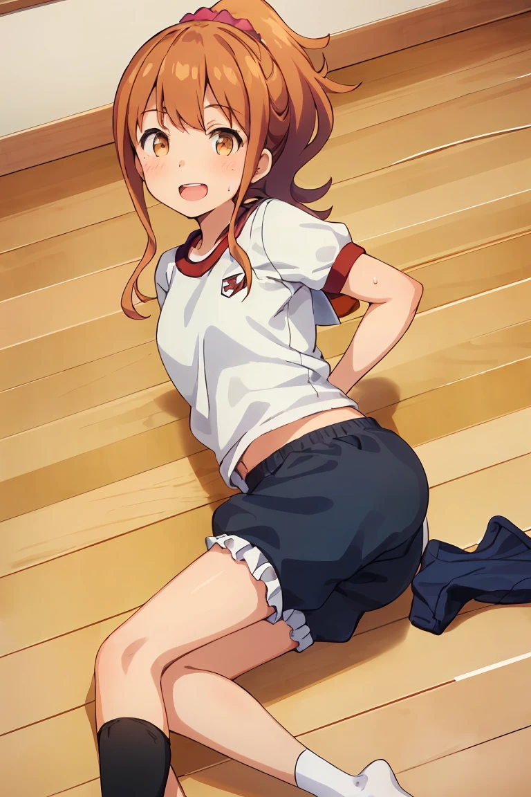 Highest quality, (masterpiece:1.2), Very detailed,

Megumi Kamino,
1 girl, Looking at the audience, Open your mouth, smile, teeth,
Brown Hair, ponytail, Brown eyes, Scrunchie, Heart Necklace,Long white socks,
,(((Black Bloomers, School, Gym Shirt, White T-shirt, Gym suit, Photo of girl in wooden floor School gym room))),Bloomers are bikini type ,Dynamic Angle ,Sweat,Lie in 