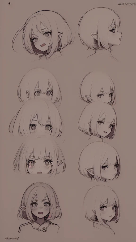 anime girl, grey hair, long hair, short hair, straight hair, bob cut, dilated pupils, devil pupils, open mouth, embarrassed, blush, tongue out, expressionless, naughty face, naughty, yandere, fang, rape face, anime, Conceptual art, high detail, anime style, reference sheet, from side, from below, from behind, from above, UHD, masterpiece, anatomically correct, super detail, high details, high quality, best quality, highres, 8k, caracter design, art concep, medical jacket, vampire, elf ear, front view, show fangs, pale skin