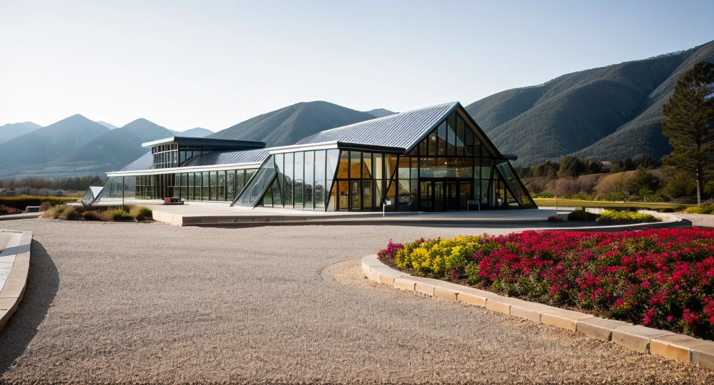 exterior of exhibition building with coffee shop like mountain ranges, shingle stone roof, contemporary style, inspired of Norman Forster, glass with steel frame facade, beautiful landscape, stone pavement,cars, RAW photo, 8k uhd, dslr, soft lighting, high quality, film grain, Fujifilm XT3,masterpiece,