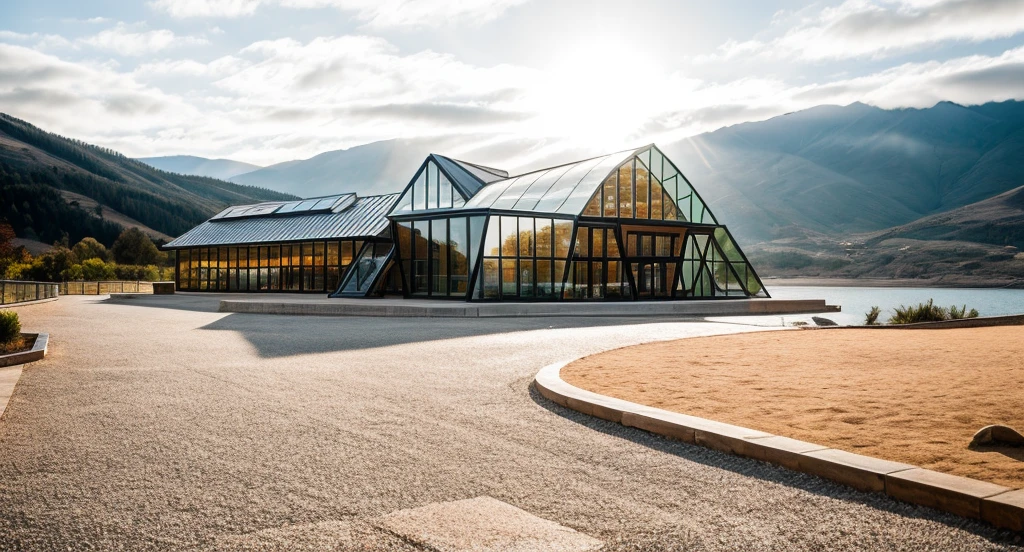 exterior of exhibition building with coffee shop like mountain ranges, shingle stone roof, contemporary style, inspired of Norman Forster, glass with steel frame facade, beautiful landscape, stone pavement,cars, RAW photo, 8k uhd, dslr, soft lighting, high quality, film grain, Fujifilm XT3,masterpiece,