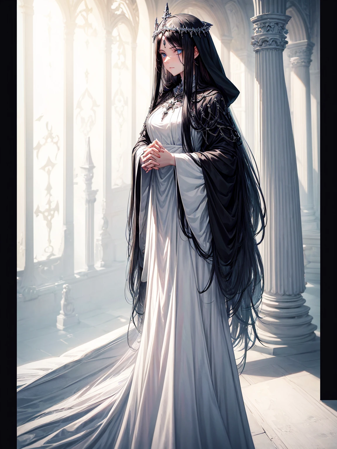 a young dark fantasy church priestess, with long black hair and white streaks, wearing an eyepatch on one eye, and her blueish green eyes, she cares a serious expression on her face and an angel like appearance, she wears elegant yet simple and modest black outfit, with some silver jewelry, she also wears a long see through veil on her head, with a faded sliver star shaped halo at the behind her head, she is holding her hands together symbolizing a prayer gesture.Long Hair, Black Hair, Blue eyes, mysterious, Hood, Halo, Anatomically Correct, Best Quality, Accurate, High Resolution, Looking at viewer, back view