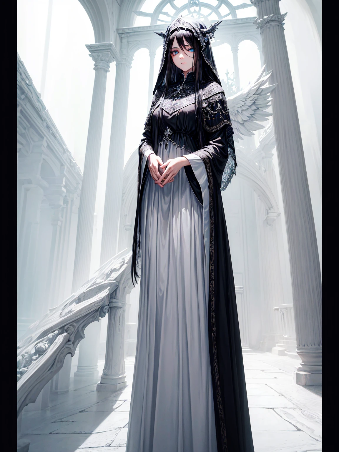 a young dark fantasy church priestess, with long black hair and white streaks, wearing an eyepatch on one eye, and her blueish green eyes, she cares a serious expression on her face and an angel like appearance, she wears elegant yet simple and modest black outfit, with some silver jewelry, she also wears a long see through veil on her head, with a faded sliver star shaped halo at the behind her head, she is holding her hands together symbolizing a prayer gesture.Long Hair, Black Hair, Blue eyes, mysterious, Hood, Halo, Anatomically Correct, Best Quality, Accurate, High Resolution, Looking at viewer, back view